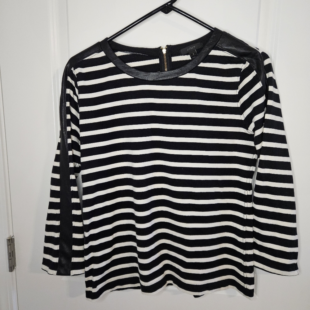 J.Crew black and white stripe top, faux leather trim sleeve, sz S, zip pull back